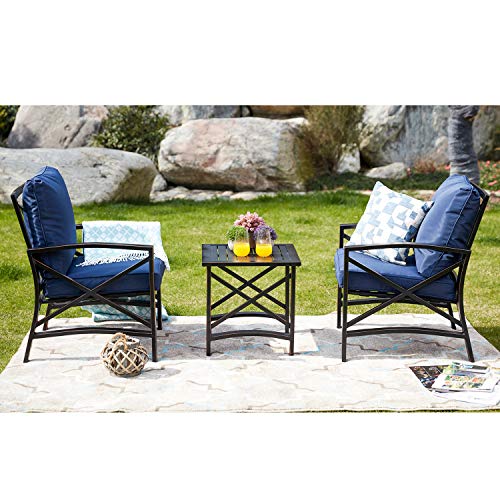 Festival Depot 3pcs Patio Outdoor Furniture Conversation Bistro Set Metal Armchairs with Thick Seat Back Cushions and Side Coffee Table for Lawn Backyard Deck