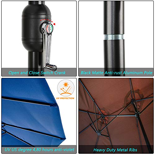 Festival Depot 14.7 ft Patio Umbrella Outdoor Large Twin Umbrella Double-Sided Ventilation Sun Canopy Market Umbrella with Aluminum Pole Handle Crank Without Base for Garden, Poolside, Deck