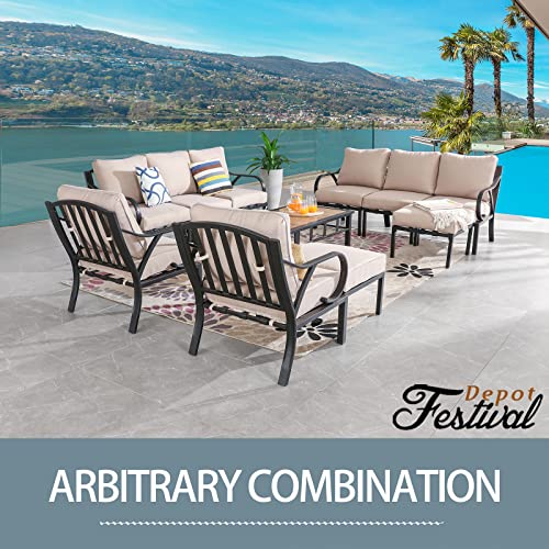 Festival Depot 11 Pieces Patio Conversation Set Sectional Sofa Armchair Ottoman with Thick Cushions and Coffee Table All Weather Metal Outdoor Furniture for Deck Garden, Beige