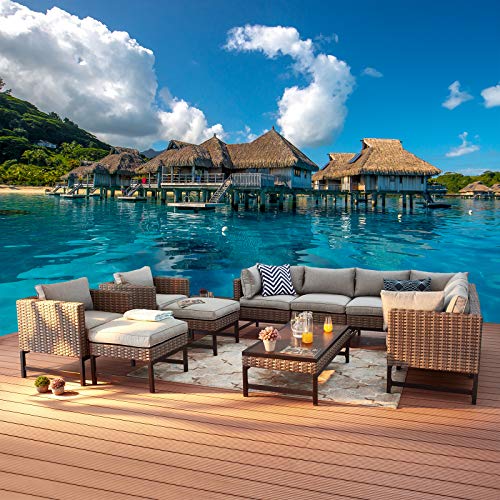 Festival Depot 12 Pieces Patio Conversation Set Outdoor Furniture Combination Sectional Sofa All-Weather Wicker Metal Chairs with Seating Back Cushions Side Coffee Table Ottoman, Gray