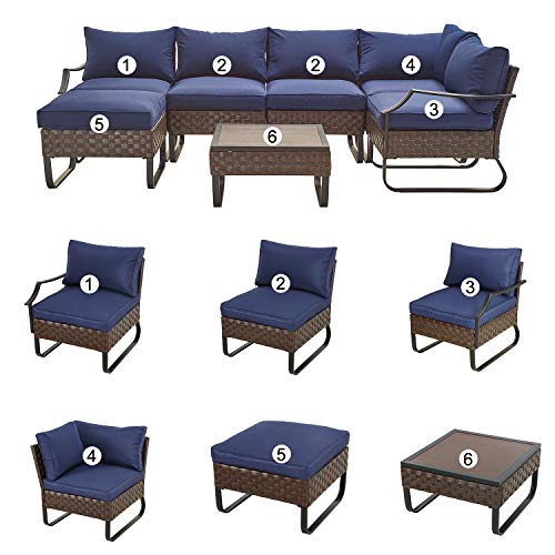 Festival Depot 7 Pieces Patio Outdoor Furniture Conversation Sets Chairs Sectional Corner Sofa, All-Weather Wicker Back Chair with Coffee Square Table and Thick Soft Removable Couch Cushions (Blue)