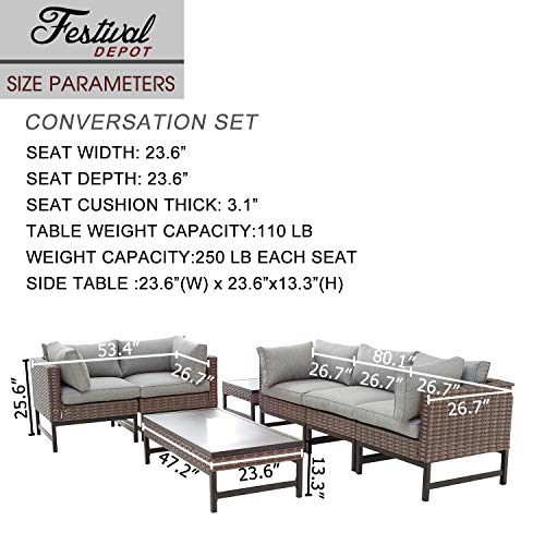 Festival Depot 7 Pcs Patio Conversation Set Sectional Chair Wicker Sofa Couch with Thick Cushions and Coffee Tables All Weather Outdoor Furniture for (Grey)