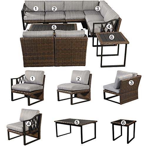 Festival Depot 10Pc Outdoor Furniture Patio Conversation Set Sectional Corner Sofa Chairs All Weather Wicker Metal Frame Rectangle Side Slatted Coffee Table with Thick Grey Seat Back Cushion No Pillow