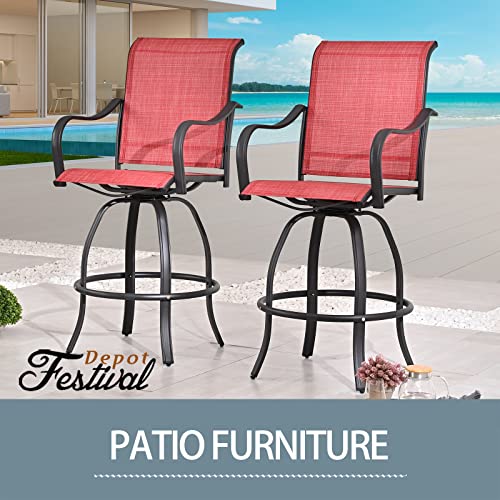 2 Piece Red Bar Height 360° Swivel Chairs Patio Textilene Dining Chairs for Outdoor Bistro Elegance