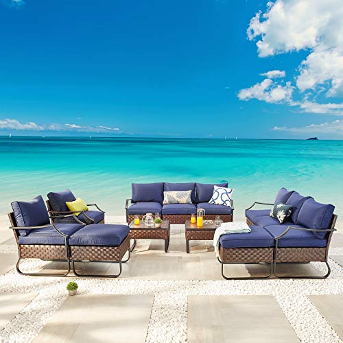 Festival Depot 12 Pcs Patio Conversation Sets Outdoor Furniture Sectional Sofa with All-Weather PE Rattan Wicker Chair,Loveseat Coffee Table and Thick Soft Removable Couch Cushions(Blue)