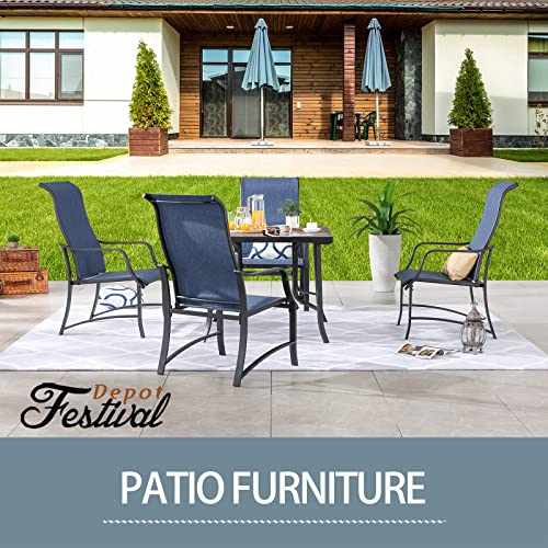 Festival Depot 5Pcs Patio Dining Set of 4 High Back Chairs with Textilene Fabric and 1 Square Metal Table with Wood-Like DPC Tabletop and Curved Steel Legs for Backyard Deck Garden, Blue