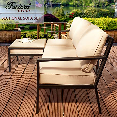 Festival Depot 4-Piece Patio Sectional Corner Sofa Set Outdoor All-Weather Metal Chairs for Porch Lawn Garden Balcony Pool Backyard, Grey Cushions, Black