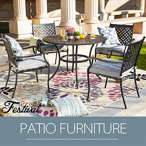 Festival Depot 5 Piece Outdoor Dining Set Wrought Iron Patio Metal with 4 Armchair Include Cushions and Round Black Table with 2.04" Umbrella Hole for Deck Lawn Garden Poolside Backyard (Beige)