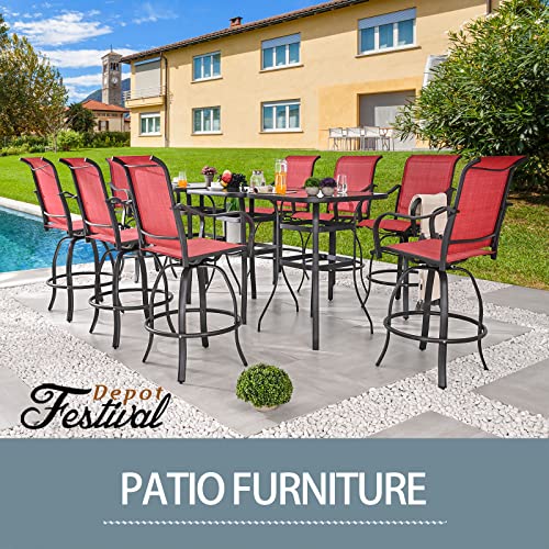 Festival Depot 11Pcs Bar Bistro Outdoor Patio Dining Furniture Sets High Stools 360° Swivel Chairs With Slatted Steel Curved Armrest Coffee Table Tempered Glass Desktop (8 Chairs,3 Table)