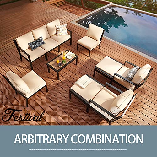 Festival Depot 6 Pieces Patio Furniture Set All-Weather Polyester Fabrics Metal Frame Sofa Outdoor Conversation Set Sectional Armless Chair with Cushion & Coffee Table for Deck Poolside Balcony(Beige)