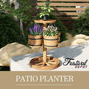 Festival Depot Rustic Outdoor Patio Furniture Wooden Wagon Barrel Flower Planter Pot Stand with Wheel, Buckets for Garden Backyard, Wood