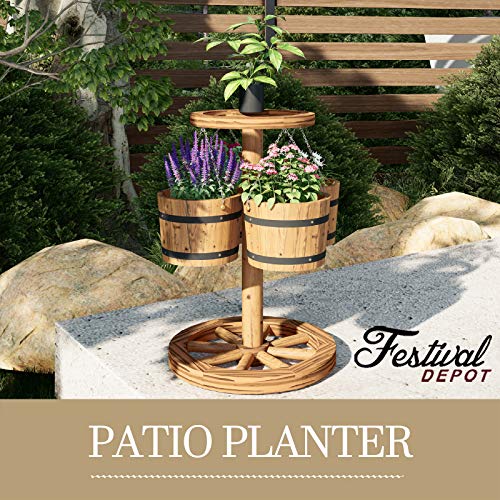 Festival Depot Rustic Outdoor Patio Furniture Wooden Wagon Barrel Flower Planter Pot Stand with Wheel, Buckets for Garden Backyard, Wood