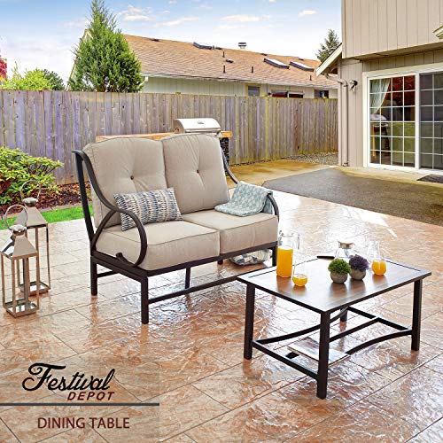 Festival Depot 2 Pieces Patio Loveseat Metal Frame with Coffee Table Set Conversation Premium Fabric Metal Frame Furniture Set Garden Bistro Seating Chair Thick&Soft Cushion (Loveseat, Beige)