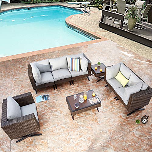 Festival Depot 8pcs Outdoor Furniture Patio Conversation Set Sectional Corner Sofa Chairs with X Shaped Metal Leg All Weather Brown Rattan Wicker Square Side Coffee Table with Grey Seat Back Cushions