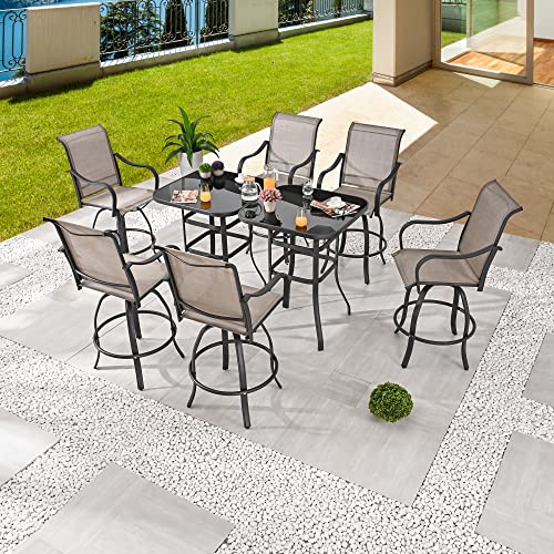 Festival Depot 8pcs Outdoor Patio Dining Furniture Sets Bar Bistro High Stools 360° Swivel Chairs with Slatted Steel Curved Armrest Coffee Table Tempered Glass Desktop (6 Chairs,2 Table)