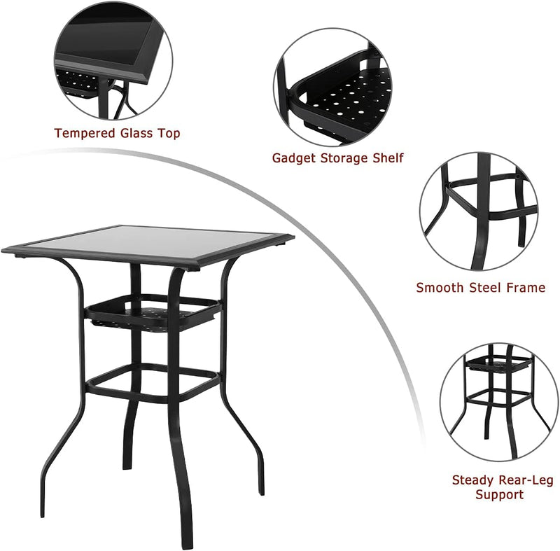 Festival Depot 3 Pcs Patio Bar Set of 2 Wicker Stools with Cushions Rattan High Armchairs and Counter Table in Metal Frame Outdoor Furniture for Bistro Garden