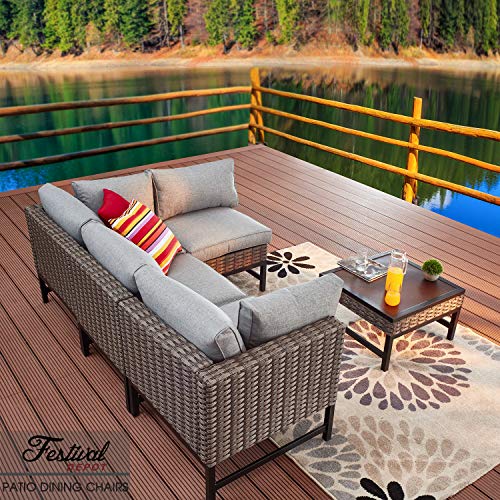 Festival Depot Dining Outdoor Patio Bistro Furniture Left Armrest Chair with Wicker Rattan Armrest Premium Fabric Comfort&Soft 3.1" Cushion with Metal Slatted Steel Leg for Garden Poolside All-Weather