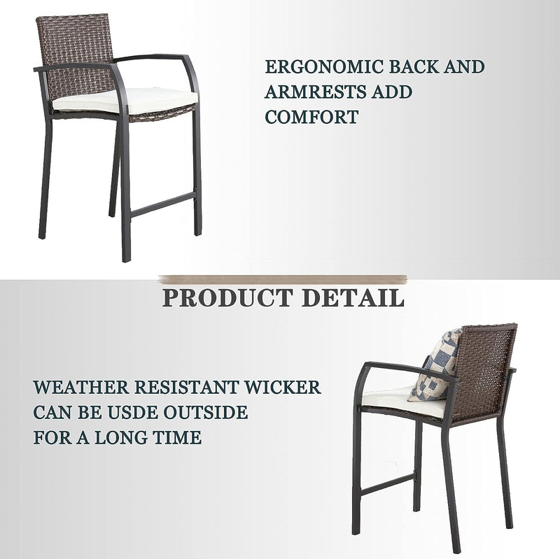 Festival Depot 3 Pcs Patio Bar Set of 2 Wicker Stools with Cushions Rattan High Armchairs and Counter Table in Metal Frame Outdoor Furniture for Bistro Garden