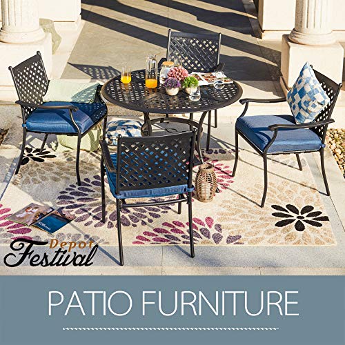 Festival Depot 5 Piece Outdoor Dining Set Wrought Iron Patio Metal with 4 Armchair Include Cushions and Round Black Table with 2.04" Umbrella Hole for Deck Lawn Garden Poolside Backyard (Beige)