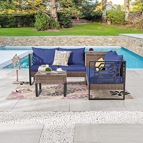 Festival Depot Patio Conversation Set, PE Wicker Four-Seater Corner Conjoined Storage Box Sofa Set, All-Weather Outdoor Furniture with Cushions Rattan Coffee Table for Backyard Garden Indoor (Blue)