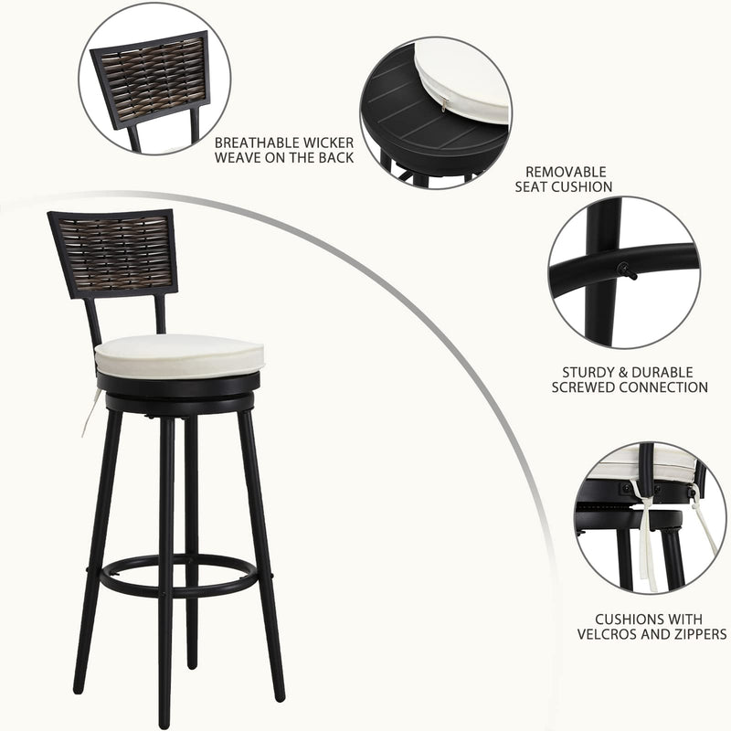 Bar Stool with Thick Cushion Round Seat, 360° Swivel Bar Chair Metal Frame and Foot Pedals