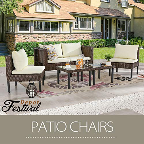Festival Depot 6Pcs Wicker Patio Conversation Set Sectional Armless Sofa Chairs w/Cushions Rattan Coffee Table w/Glass Top All Weather Metal Outdoor Furniture for Deck Garden