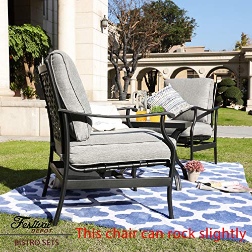 Festival Depot 3-Piece Patio Bistro Set Metal Dining Chairs with Thick Cushions and Ceramic Top Side Table All Weather Outdoor Furniture, Gray