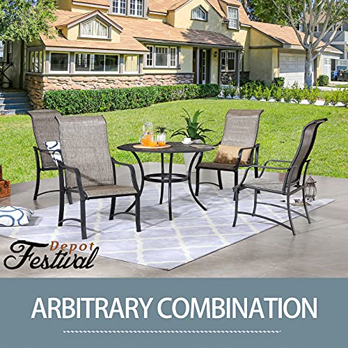 Festival Depot 5 Pieces Patio Dining Set of 4 Armrest Dining Chair with Textilene Fabric and 1 Round Wrought Iron Table with 2.04" Umbrella Hole Outdoor Furniture for Backyard Deck Garden
