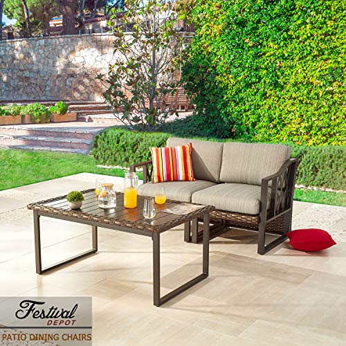 Festival Depot Dining Outdoor Patio Bistro Furniture Left Curved Armrest Section Chairs Wicker Rattan Premium Fabric Soft 5.5" Cushions with Metal Steel Frame Legs for Garden Poolside Lawn All-Weather