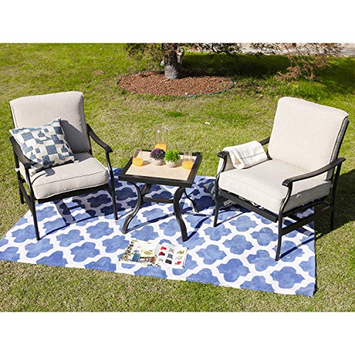 Festival Depot 3-Piece Patio Bistro Set Metal Dining Chairs with Thick Cushions and Ceramic Top Side Table All Weather Outdoor Furniture, Beige