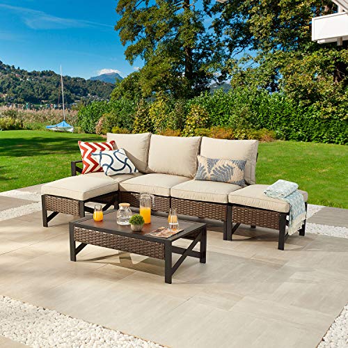 Festival Depot 6 Pcs Patio Outdoor Furniture Conversation Set Sectional Sofa with All-Weather Brown PE Rattan Wicker Back Chair, Coffee Table, Ottoman and Soft Thick Removable Couch Cushions