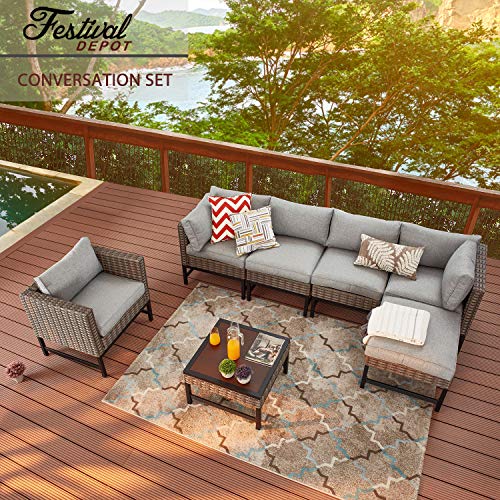 Festival Depot 7 Pieces Patio Outdoor Furniture Conversation Sets Sectional Corner Sofa, Wicker Chairs with Ottoman, Coffee Table and Seating Thick Soft Cushion(Grey)