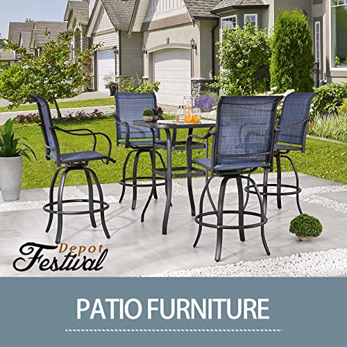 Festival Depot 5 Pcs Patio Bistro Set 360° Swivel Chairs and Bar Height Table with Tempered Glass Top Outdoor Furniture Dining Set (4 Chairs,1 Table) (Blue)