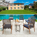Festival Depot 8 Pieces Patio Outdoor Furniture Conversation Set with Metal Side Coffee Side Table Wooden-Color Steel Wicker Weaving Mesh Back Armchair with Cushions (Blue)