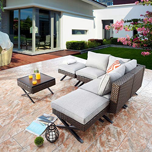 Festival Depot 6pcs Outdoor Furniture Patio Conversation Set Sectional Corner Sofa Chairs with X Shaped Metal Leg All Weather Brown Rattan Wicker Ottoman Side Coffee Table with Grey Seat Back Cushions