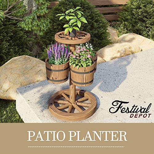 Festival Depot Rustic Outdoor Patio Furniture Wooden Wagon Barrel Flower Planter Pot Stand with Wheel, Buckets for Garden Backyard, Wood