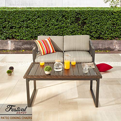 Festival Depot Dining Outdoor Patio Bistro Furniture Left Curved Armrest Section Chairs Wicker Rattan Premium Fabric Soft 5.5" Cushions with Metal Steel Frame Legs for Garden Poolside Lawn All-Weather