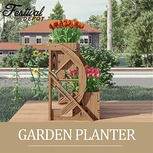 Festival Depot Outdoor Planter Wagon Wheel Double-Tier Wooden Shelf Raised Garden Decor Flower Holder Stand for Patio Deck Lawn