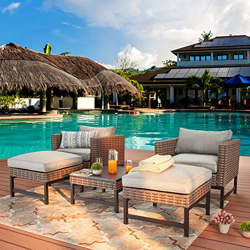 Festival Depot 5 Pieces Patio Outdoor Conversation Wicker Chairs Lounge Chaise Cushions Ottomans Set with Coffee Square Table Metal Frame Furniture Garden Bistro Seating Thick Soft Cushion (Gray)