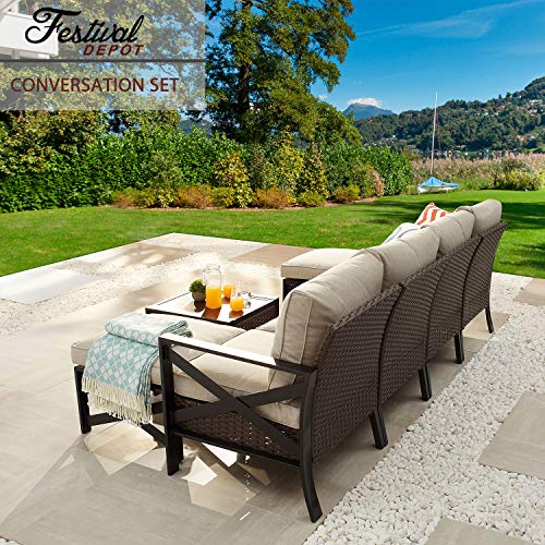 Festival Depot 7 Pieces Patio Outdoor Furniture Conversation Set Sectional Sofa with All-Weather Brown PE Rattan Wicker Back Chair, Coffee Table, Ottoman and Thick Soft Removable Couch Cushions