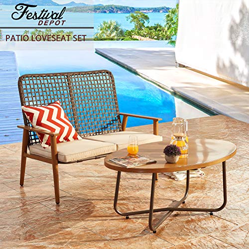 Festival Depot 2 Pieces Patio Outdoor Furniture Conversation Set Loveseat with Metal Side Coffee Side Table Wooden-Color Steel Wicker Weaving Mesh Back Armchair with Cushions (Khaki)