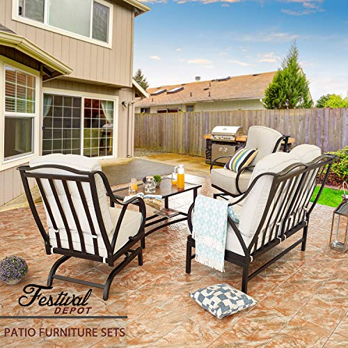 Festival Depot 4 Pieces Patio Outdoor Conversation Set Armrest Chairs with Curved Armrest Loveseat Coffee Table Set Premium Fabric Metal Frame Furniture Garden Bistro Seating Thick&Soft Cushion,White