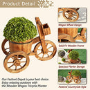 Festival Depot Outdoor Wooden Wagon Tricycle Planter Flower Pot Holder with Bucket Wheels Garden Decorative Barrel Stand for Patio Deck Lawn