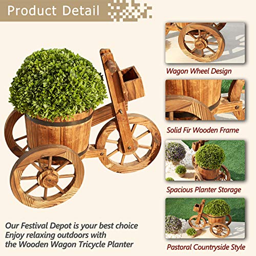 Festival Depot Outdoor Wooden Wagon Tricycle Planter Flower Pot Holder with Bucket Wheels Garden Decorative Barrel Stand for Patio Deck Lawn
