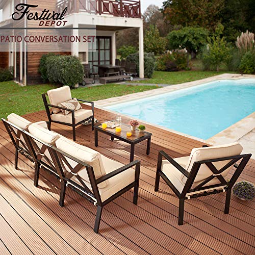 Festival Depot 6 Pieces Patio Conversation Set Sectional Sofa Chairs with Thick Cushions and Coffee Table Outdoor Furniture for Deck Garden Backyard (Beige)