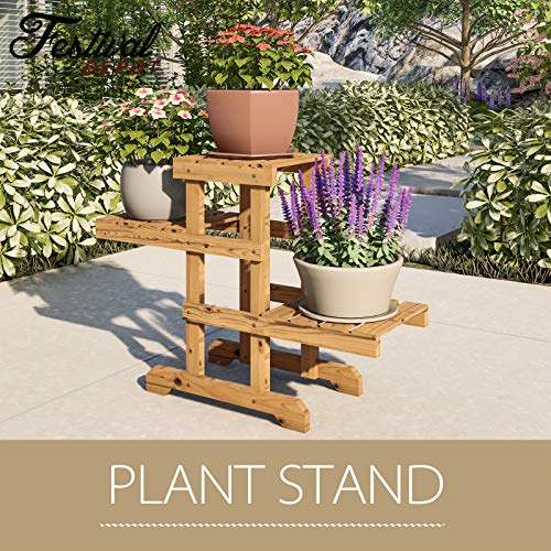 Festival Depot 3-Tier Outdoor Wooden Plant Stand Flower Pot Holder Shelf Indoor Plant Display Rack for Patio Deck Lawn