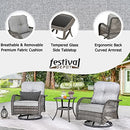 Festival Depot 3 Pieces Patio Bistro Set PE Wicker 360-Degree Swivel Chairs Set of 2 with Tempered Glass Top Side Table Outdoor Furniture Conversation Set (Brown Wicker, Grey Cushion)