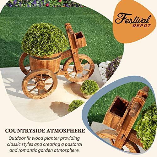 Festival Depot Outdoor Wooden Wagon Tricycle Planter Flower Pot Holder with Bucket Wheels Garden Decorative Barrel Stand for Patio Deck Lawn