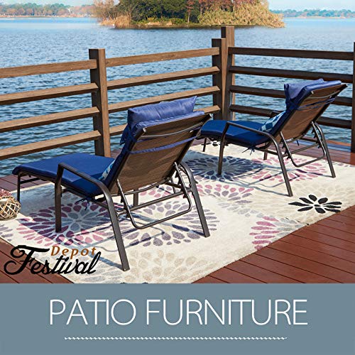 Festival Depot 3 Pieces Outdoor Furniture Patio Chaise Lounge Adjustable Back Chairs Set of 2 Chairs and 1 Bistro Table for Lawn Garden Poolside Backyard with Removable Detachable Cushions (Blue)