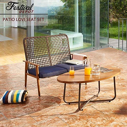Festival Depot 2 Pieces Patio Outdoor Furniture Conversation Set Loveseat with Metal Side Coffee Side Table Wooden-Color Steel Wicker Weaving Mesh Back Armchair with Cushions (Blue)
